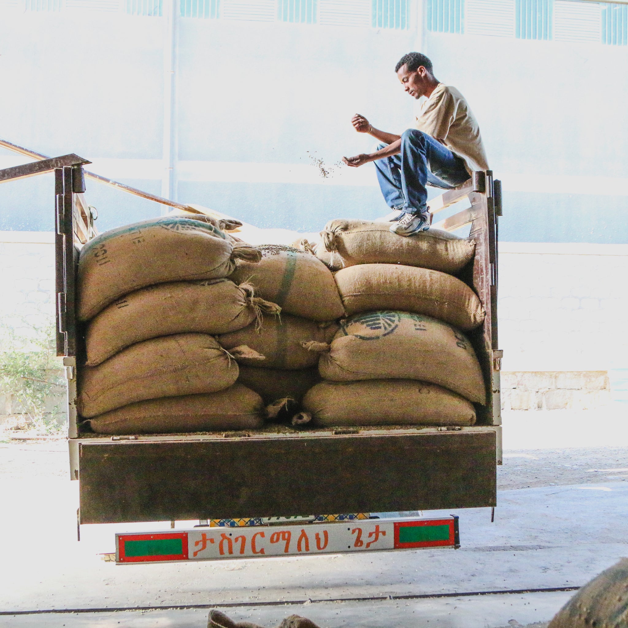 Unloading coffee at origin warehouse
